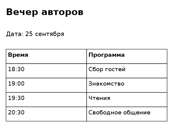 Пример заполнения: Программа события