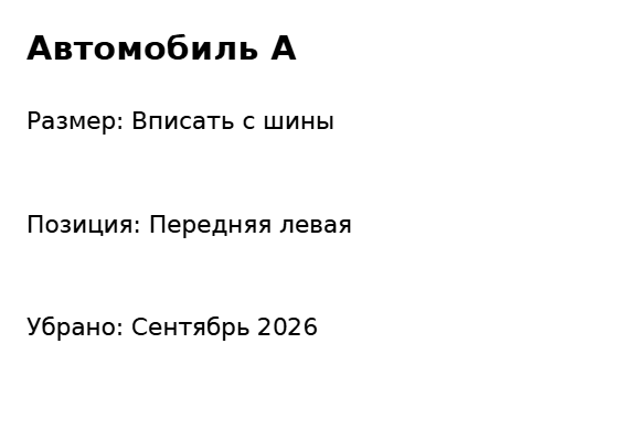 Пример заполнения: Комплект шин на хранении