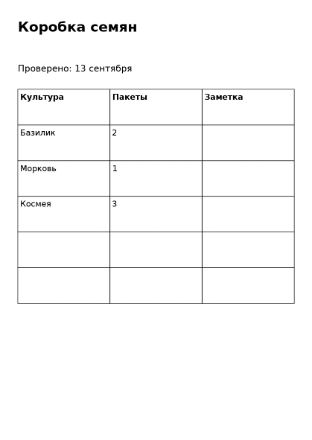 Пример заполнения: Ревизия домашних семян