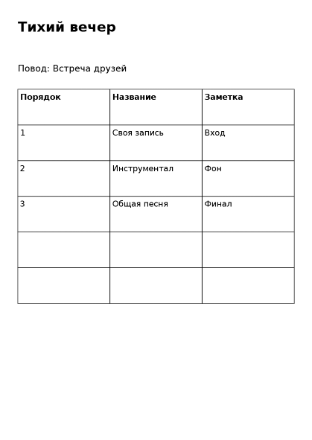 Пример заполнения: Подборка музыки к событию