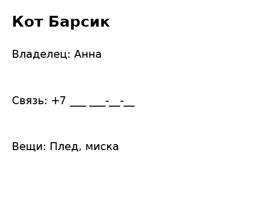 Пример заполнения: Бирка переноски