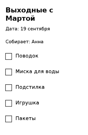 Пример заполнения: Вещи питомца в дорогу