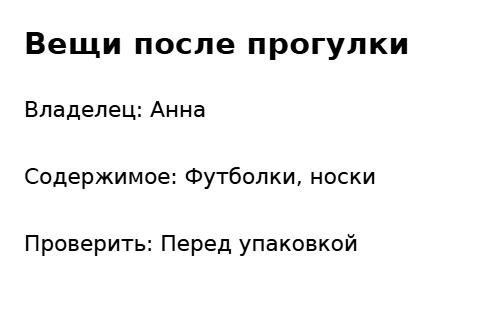 Пример заполнения: Бирка мешка вещей в поездке