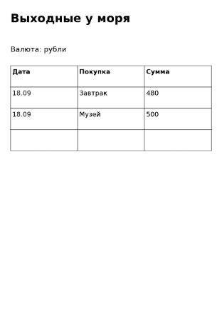 Пример заполнения: Расходы в поездке